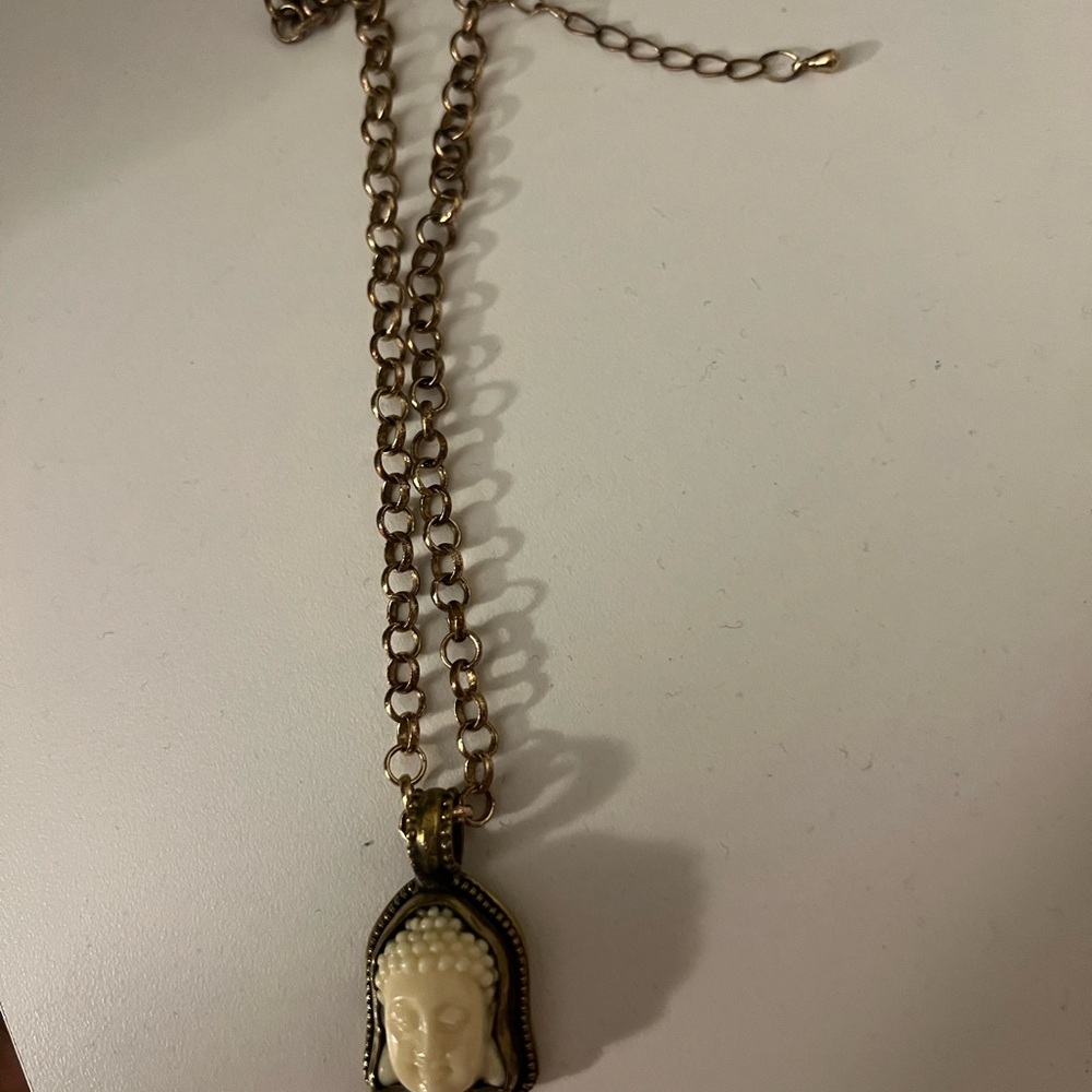 Gold and Cream Necklace with Long Chain and Buddha Pendant